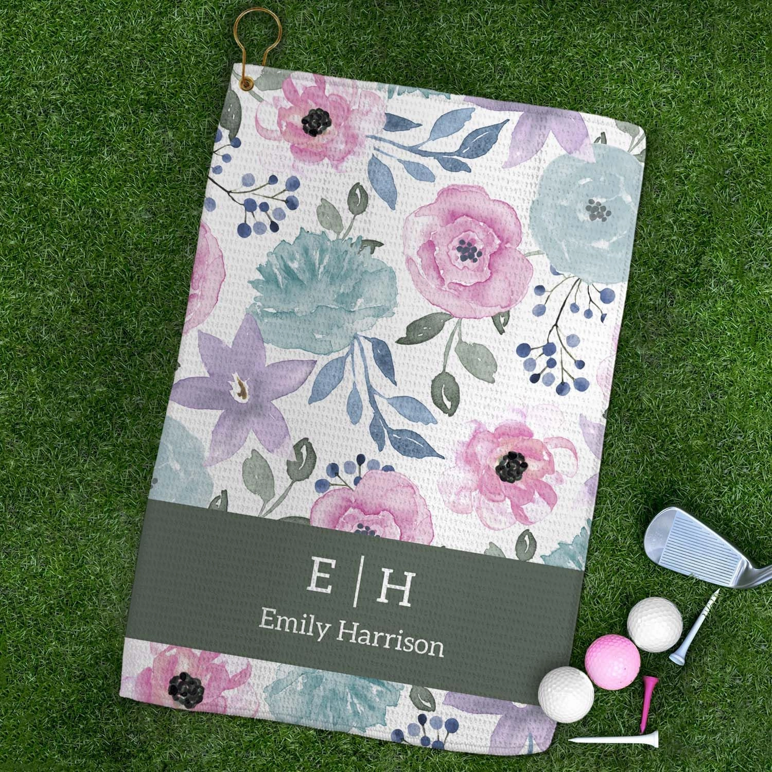 Canopy Street Personalized Modern Pastel Floral Golf Towel/Custom 16" x 24" Microfiber Golfing Towel with Gold Fastener/Mother Grandmother Boss Retirement Golfer Accessory Present