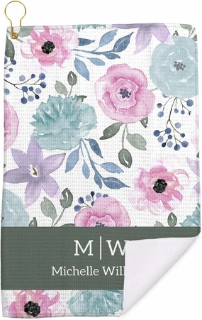 Canopy Street Personalized Modern Pastel Floral Golf Towel/Custom 16" x 24" Microfiber Golfing Towel with Gold Fastener/Mother Grandmother Boss Retirement Golfer Accessory Present