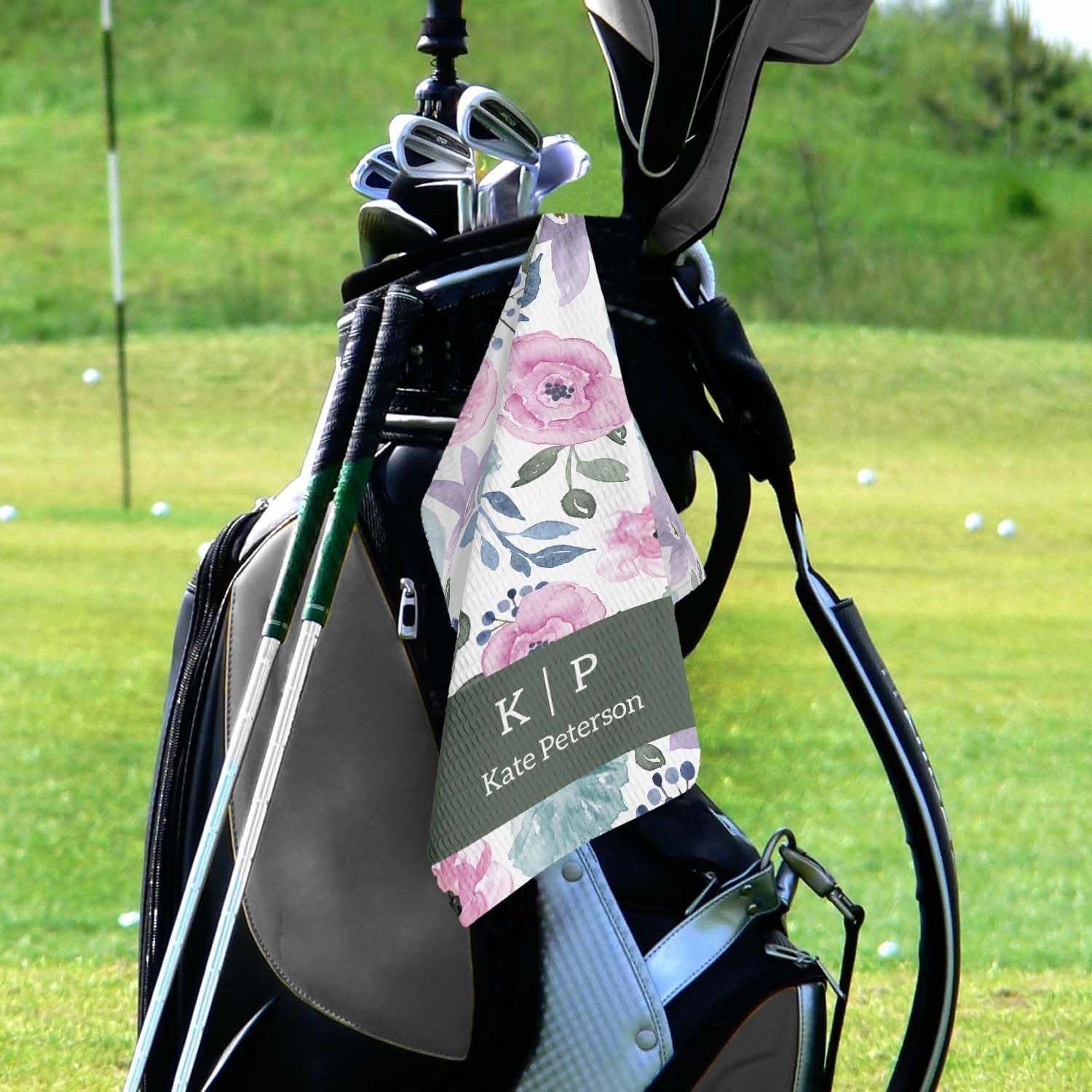 Canopy Street Personalized Modern Pastel Floral Golf Towel/Custom 16" x 24" Microfiber Golfing Towel with Gold Fastener/Mother Grandmother Boss Retirement Golfer Accessory Present