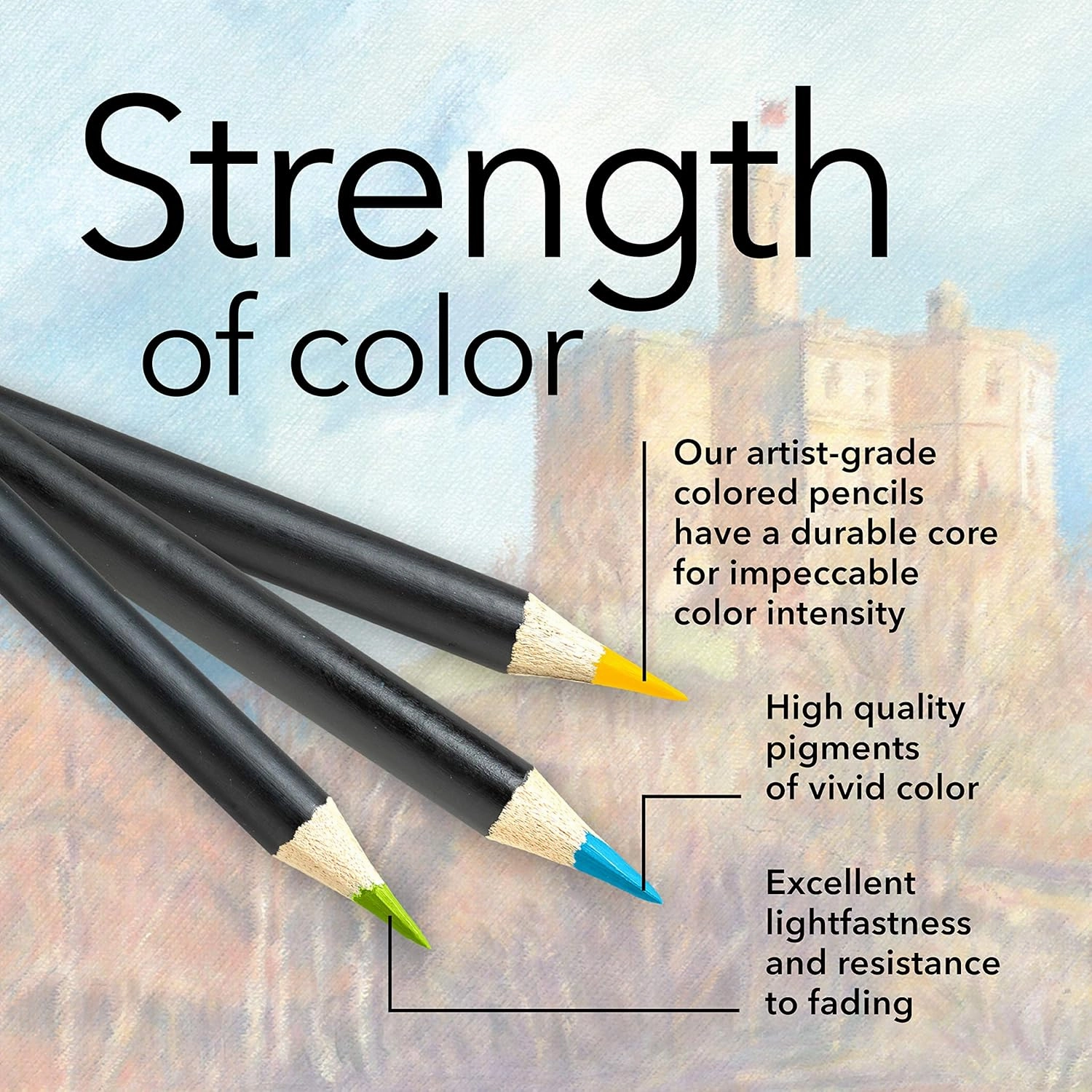 Castle Arts Themed 24 Coloured Pencil Set in Tin Box, perfect colours for ‘Landscapes’. Featuring quality, smooth coloured cores, superior blending & layering performance achieving great results