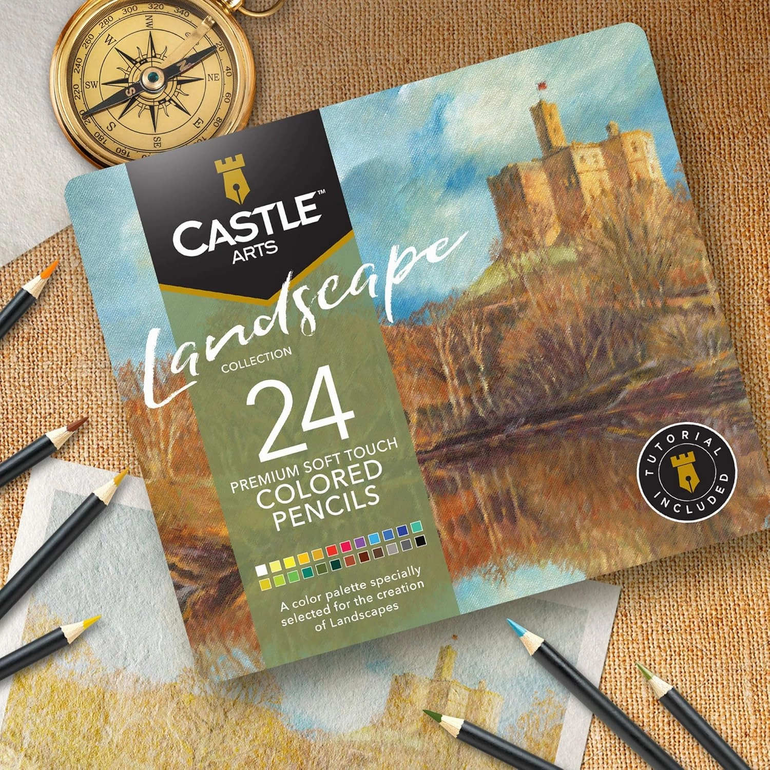 Castle Arts Themed 24 Coloured Pencil Set in Tin Box, perfect colours for ‘Landscapes’. Featuring quality, smooth coloured cores, superior blending & layering performance achieving great results