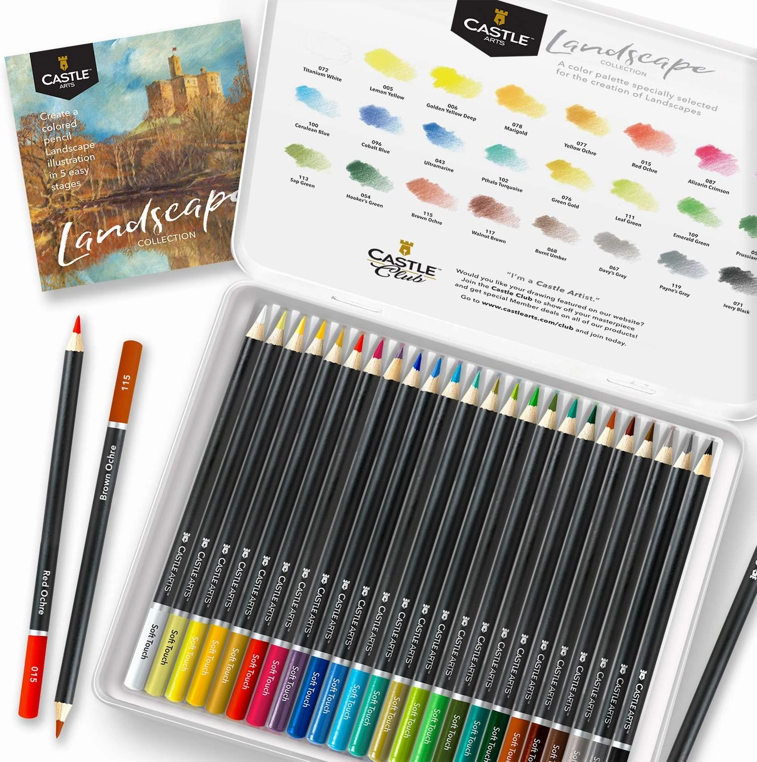 Castle Arts Themed 24 Coloured Pencil Set in Tin Box, perfect colours for ‘Landscapes’. Featuring quality, smooth coloured cores, superior blending & layering performance achieving great results