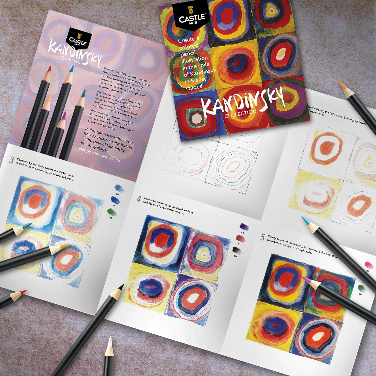 Castle Arts Themed 24 Coloured Pencil Set in Tin Box, perfect ‘Kandinsky’ inspired colours. Featuring quality, smooth coloured cores, superior blending & layering performance for great results