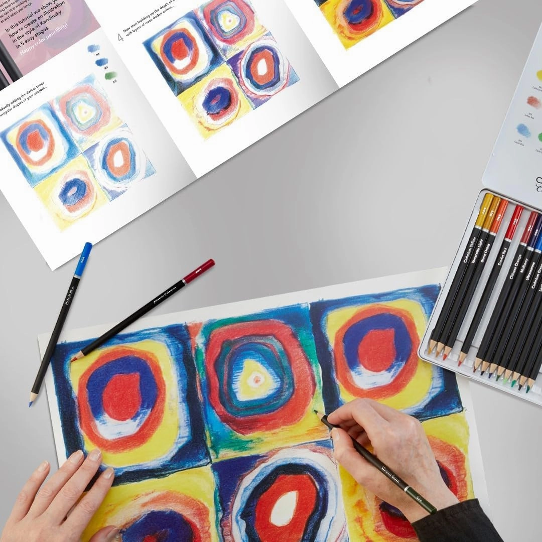 Castle Arts Themed 24 Coloured Pencil Set in Tin Box, perfect ‘Kandinsky’ inspired colours. Featuring quality, smooth coloured cores, superior blending & layering performance for great results