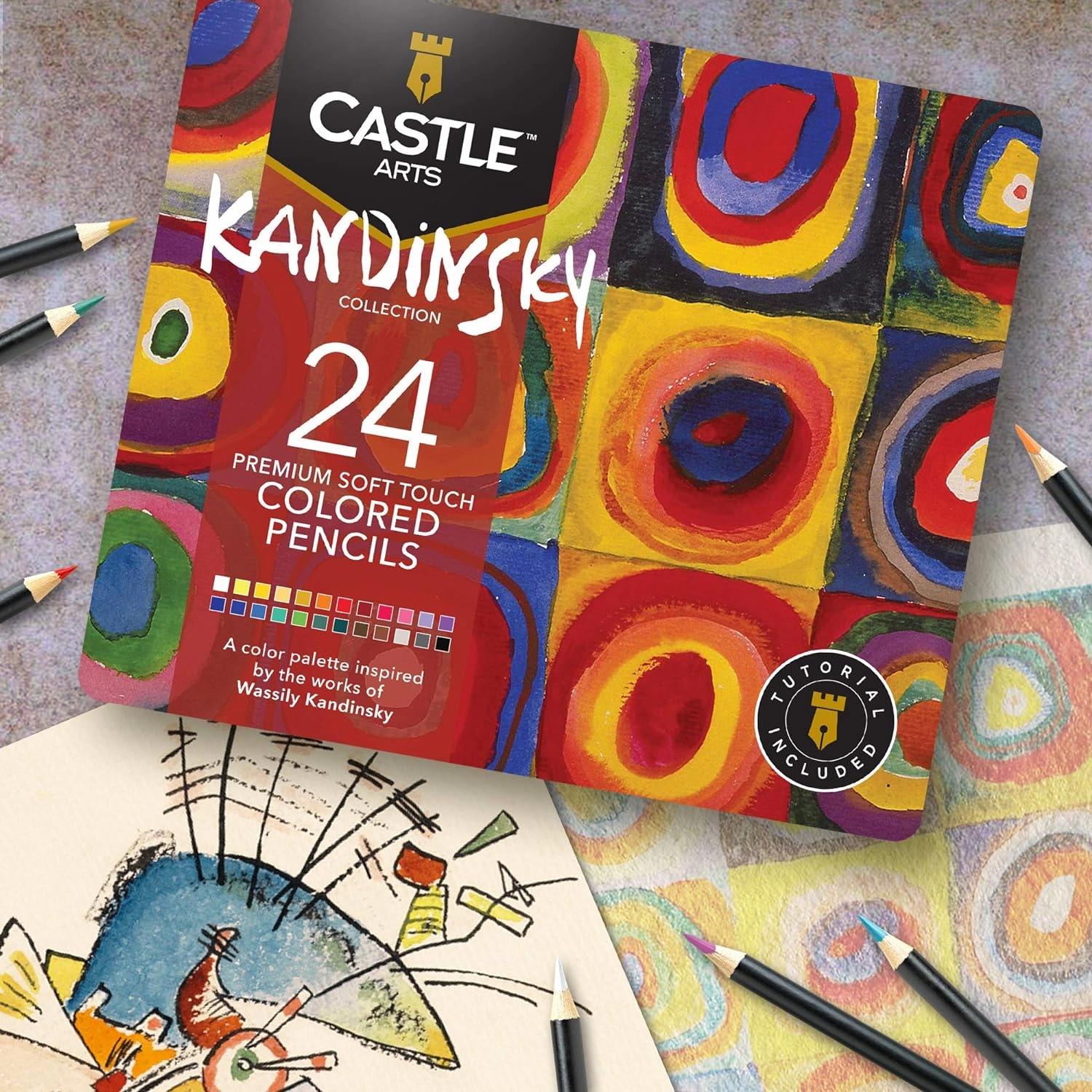 Castle Arts Themed 24 Coloured Pencil Set in Tin Box, perfect ‘Kandinsky’ inspired colours. Featuring quality, smooth coloured cores, superior blending & layering performance for great results