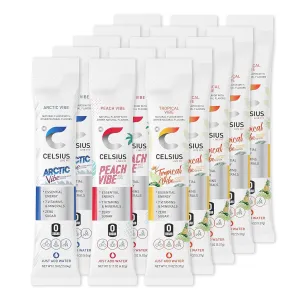 Celsius On-The-Go Energy Powder Sticks Variety Pack |Zero Sugar| |(15Count) 15 Variety Pack Artic Vibe, Peach Vibe, and Tropical Vibe