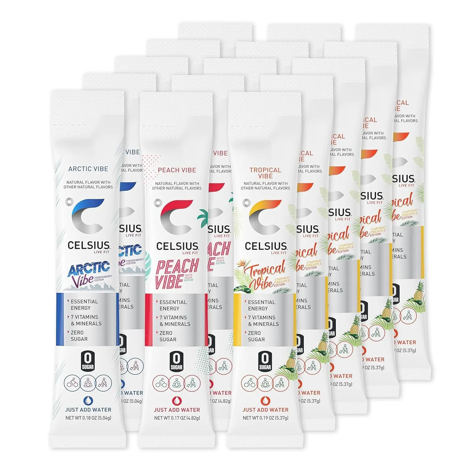 Celsius On-The-Go Energy Powder Sticks Variety Pack |Zero Sugar| |(15Count) 15 Variety Pack Artic Vibe, Peach Vibe, and Tropical Vibe
