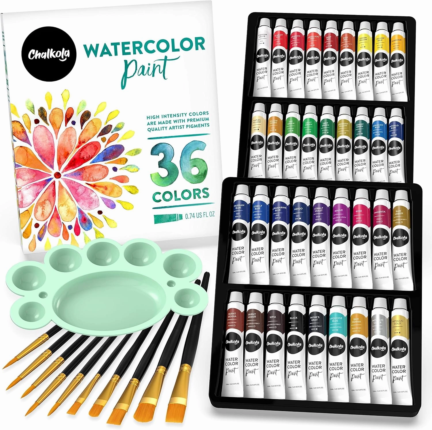 Chalkola Watercolor Paint Set for Adults, Kids, Beginner & Professional Artists - 36 Watercolor Tubes Set (12ml, 0.4oz), 10 Painting Brushes & 1 Palette | Vibrant Water Color Art Painting Supplies