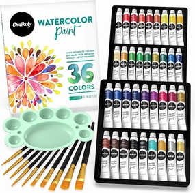 Chalkola Watercolor Paint Set for Adults, Kids, Beginner & Professional Artists - 36 Watercolor Tubes Set (12ml, 0.4oz), 10 Painting Brushes & 1 Palette | Vibrant Water Color Art Painting Supplies