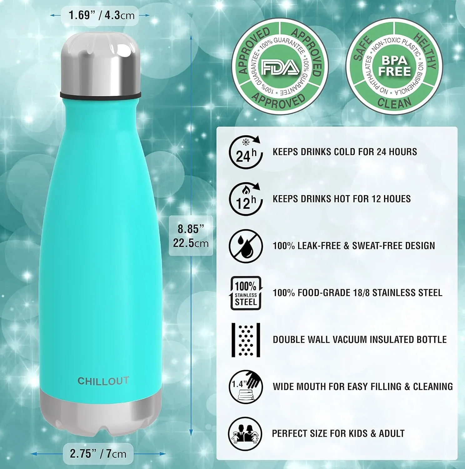 CHILLOUT LIFE Stainless Steel 2 Pack Water Bottle for Kids School: 12 oz Double Wall Insulated Cola Bottle Shape for Cold and Warm Drinks, 2 Set (Rose Gold - Aqua Blue)