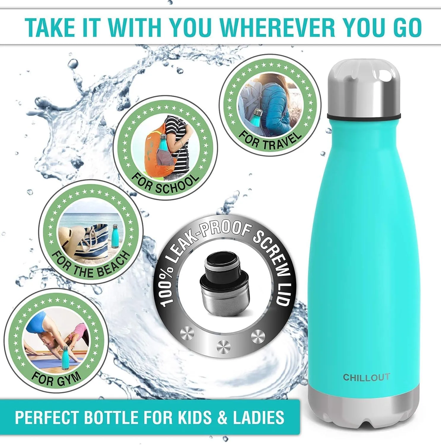 CHILLOUT LIFE Stainless Steel 2 Pack Water Bottle for Kids School: 12 oz Double Wall Insulated Cola Bottle Shape for Cold and Warm Drinks, 2 Set (Rose Gold - Aqua Blue)