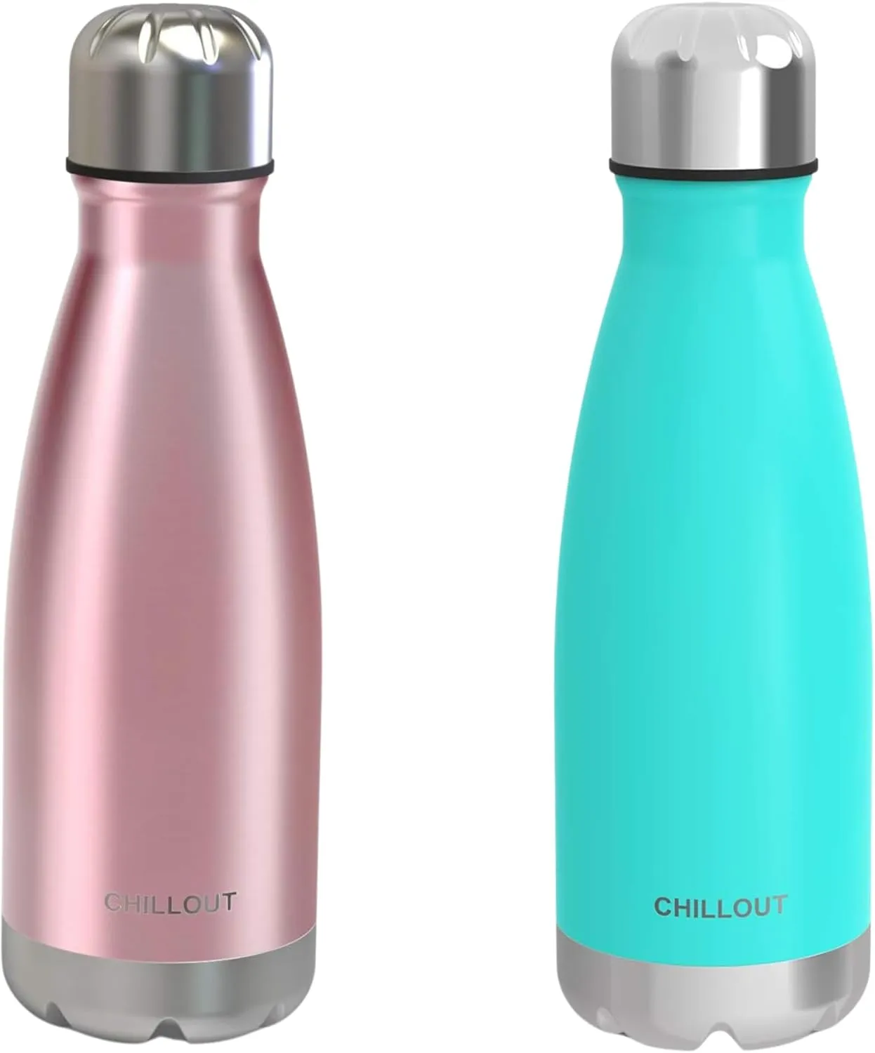CHILLOUT LIFE Stainless Steel 2 Pack Water Bottle for Kids School: 12 oz Double Wall Insulated Cola Bottle Shape for Cold and Warm Drinks, 2 Set (Rose Gold - Aqua Blue)