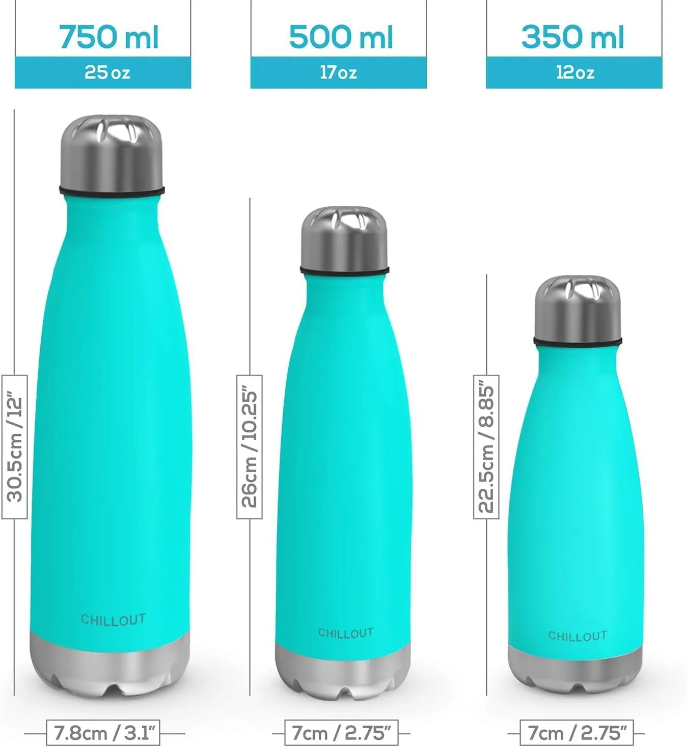 CHILLOUT LIFE Stainless Steel 2 Pack Water Bottle for Kids School: 12 oz Double Wall Insulated Cola Bottle Shape for Cold and Warm Drinks, 2 Set (Rose Gold - Aqua Blue)