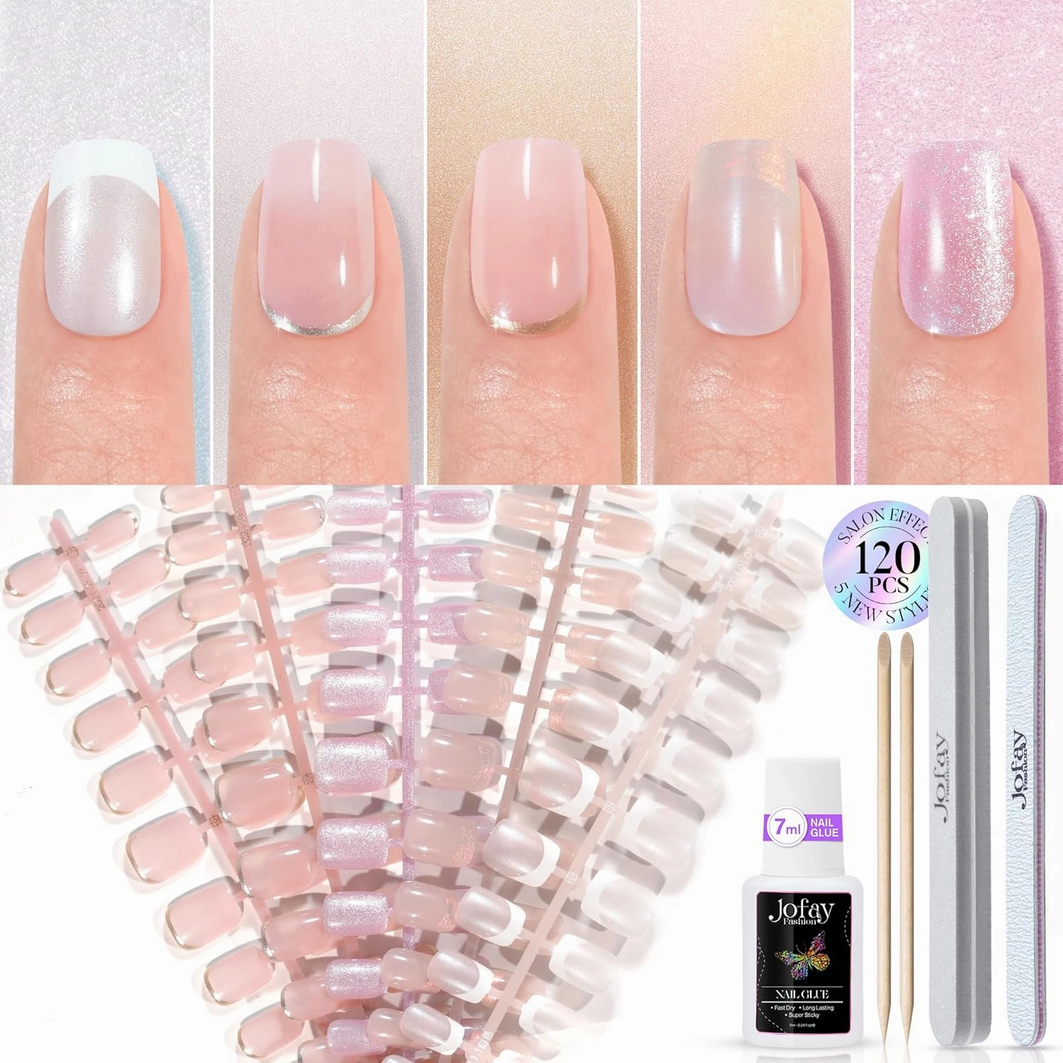 Chrome French Tip Press on Nails Short 5 Styles, Jofay Fashion 120Pcs Salon-Like Acrylic Fake Nails with Mermaid Pearl Chrome Gold Foil End Designs, Glossy & Natural Glue on Nails Set F