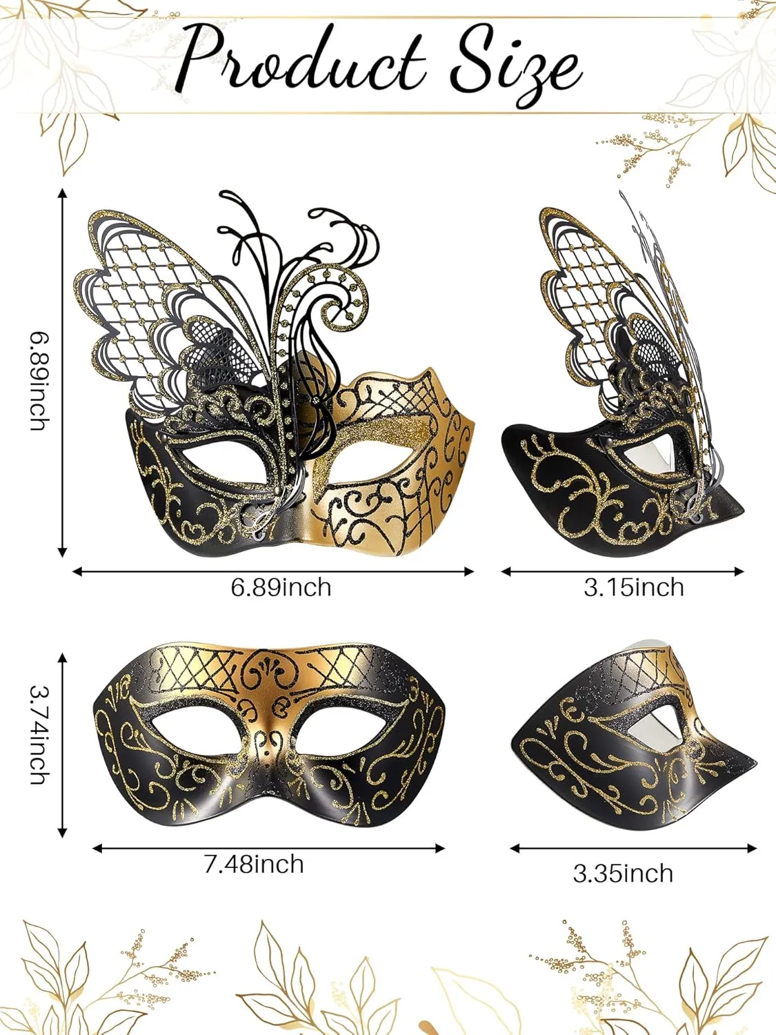Civaner 2 Pcs Couples Masquerade Mask Set Venetian Party Shiny Rhinestone Butterfly Face Mask for Women Men Costume