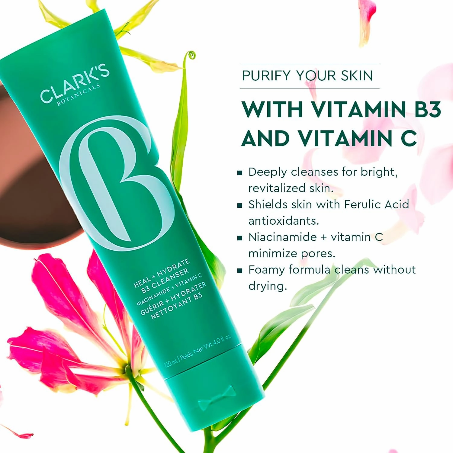 Clark's Botanicals Heal   Hydrate B3 Cleanser, Daily Deep Clean Niacinamide Face Wash with Vitamin C, 4 Oz (Pack of 2)