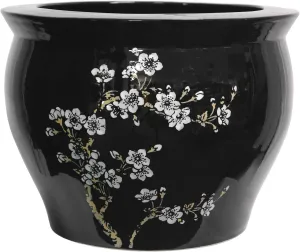 Classic Japanese Chinese Asian Ceramic Planter - 14" Plum Blossoms on Black Porcelain Pottery Fishbowl Jardiniere