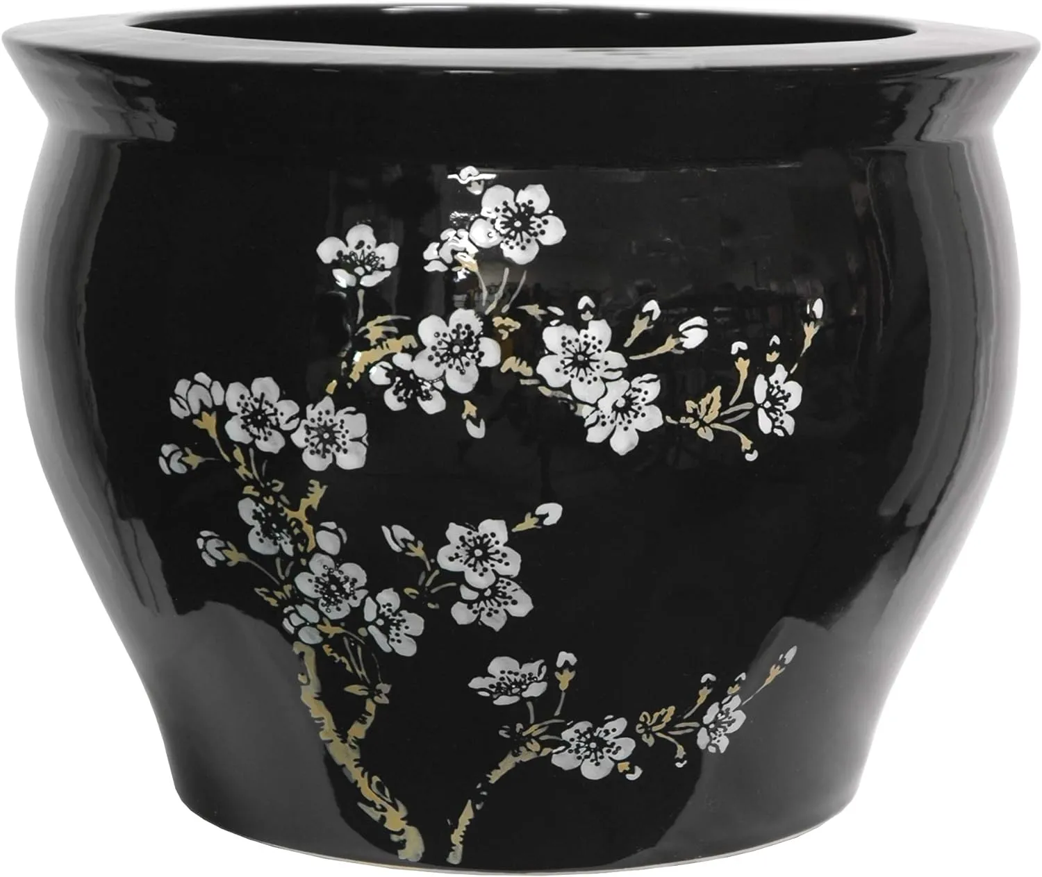 Classic Japanese Chinese Asian Ceramic Planter - 14" Plum Blossoms on Black Porcelain Pottery Fishbowl Jardiniere