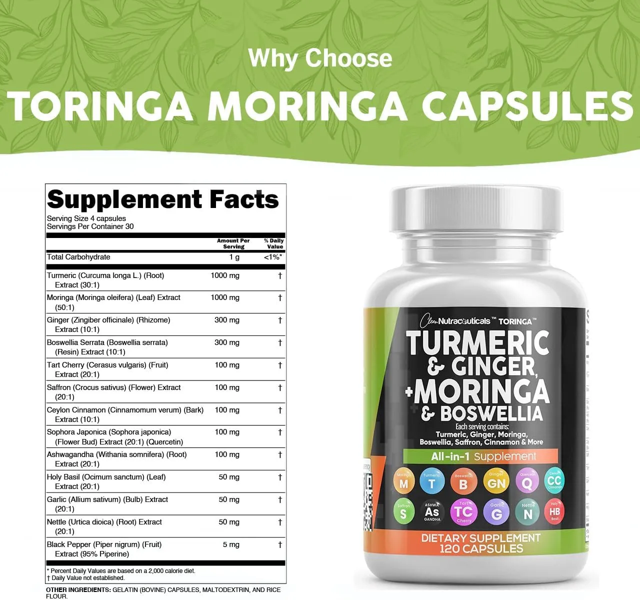 Clean Nutraceuticals Turmeric Moringa Supplement | Ginger Boswellia Saffron - Supplement for Women and Men with Ceylon Cinnamon, Tart Cherry, Quercetin Garlic Nettle Holy Basil - 1Pack