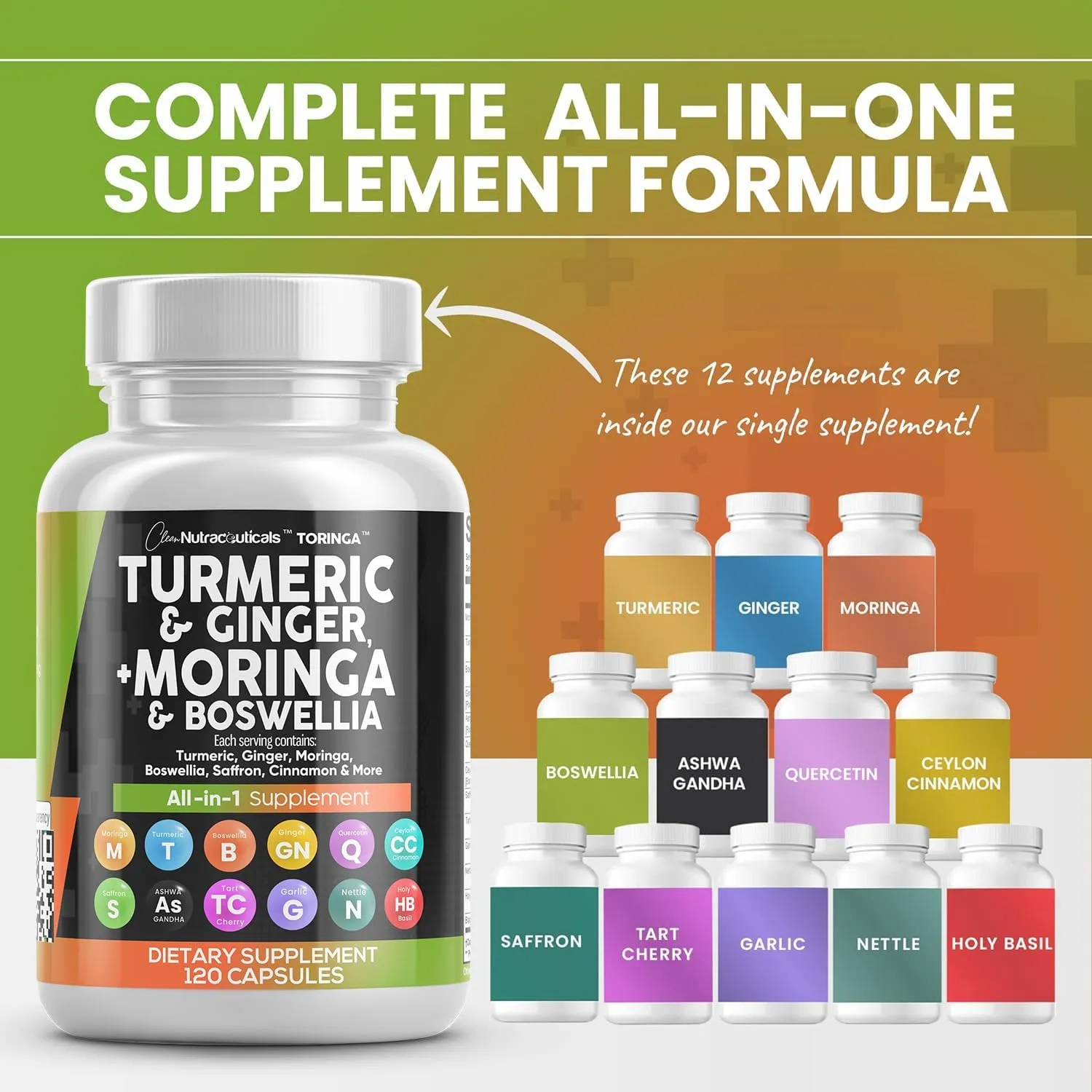 Clean Nutraceuticals Turmeric Moringa Supplement | Ginger Boswellia Saffron - Supplement for Women and Men with Ceylon Cinnamon, Tart Cherry, Quercetin Garlic Nettle Holy Basil - 1Pack