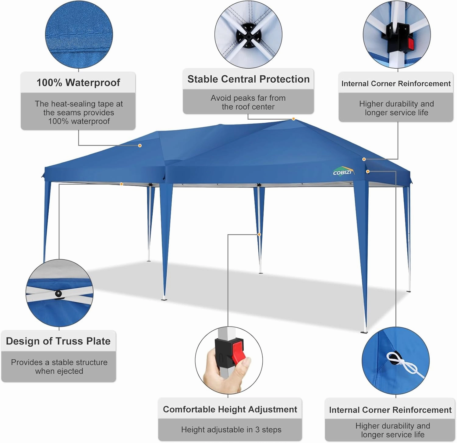 COBIZI Canopy 10x20 Pop Up Canopy Tent 10x20ft Waterproof Party Tent Ez Up Canopy Tents for Parties Wedding Outdoor Commercial Event Gazebo Portable Instant Tent for Backyard Camping Carport, Blue