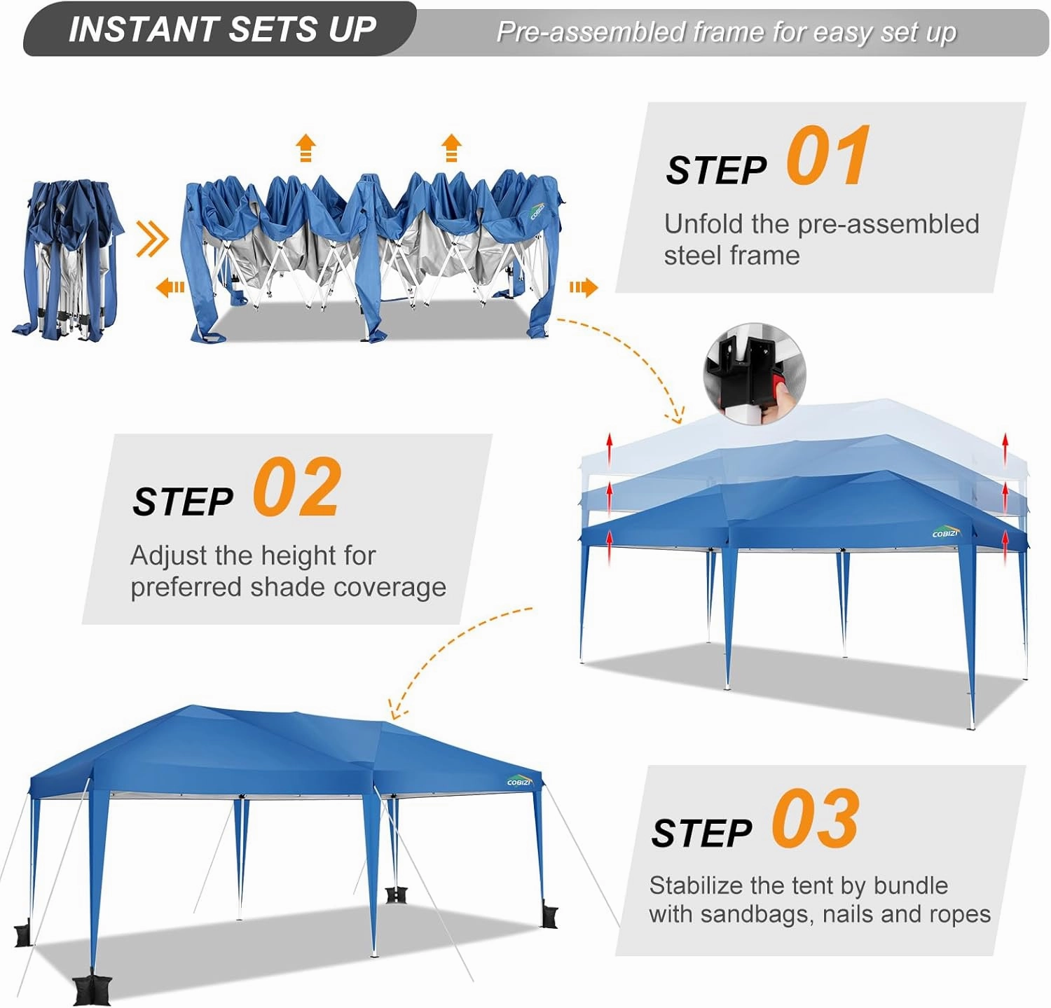 COBIZI Canopy 10x20 Pop Up Canopy Tent 10x20ft Waterproof Party Tent Ez Up Canopy Tents for Parties Wedding Outdoor Commercial Event Gazebo Portable Instant Tent for Backyard Camping Carport, Blue