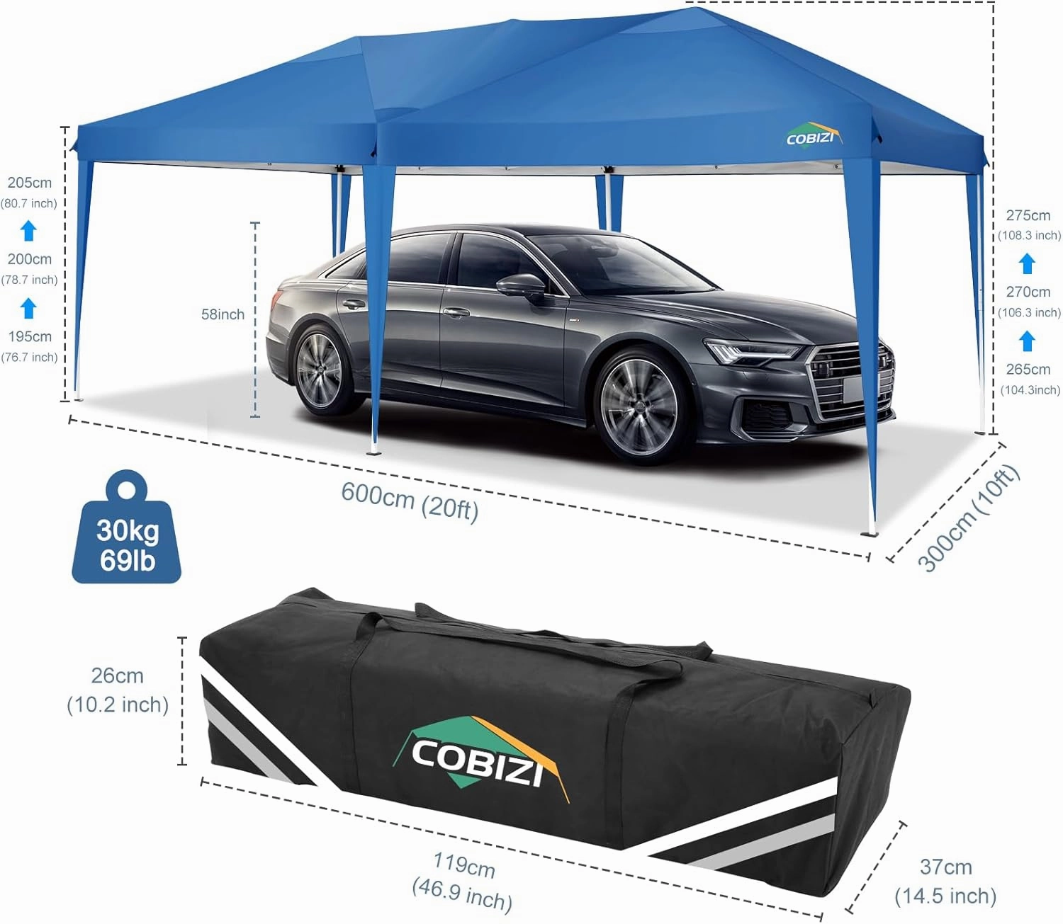 COBIZI Canopy 10x20 Pop Up Canopy Tent 10x20ft Waterproof Party Tent Ez Up Canopy Tents for Parties Wedding Outdoor Commercial Event Gazebo Portable Instant Tent for Backyard Camping Carport, Blue