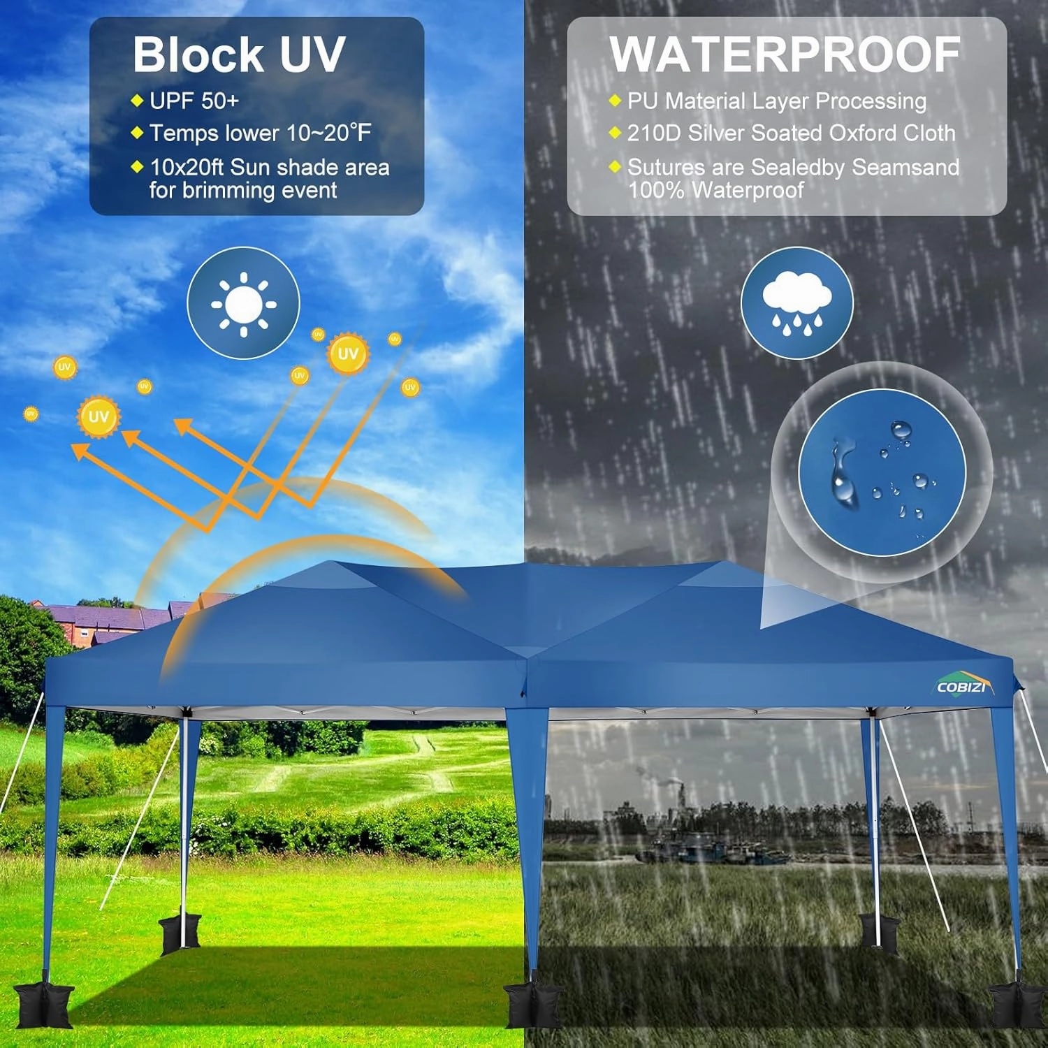 COBIZI Canopy 10x20 Pop Up Canopy Tent 10x20ft Waterproof Party Tent Ez Up Canopy Tents for Parties Wedding Outdoor Commercial Event Gazebo Portable Instant Tent for Backyard Camping Carport, Blue