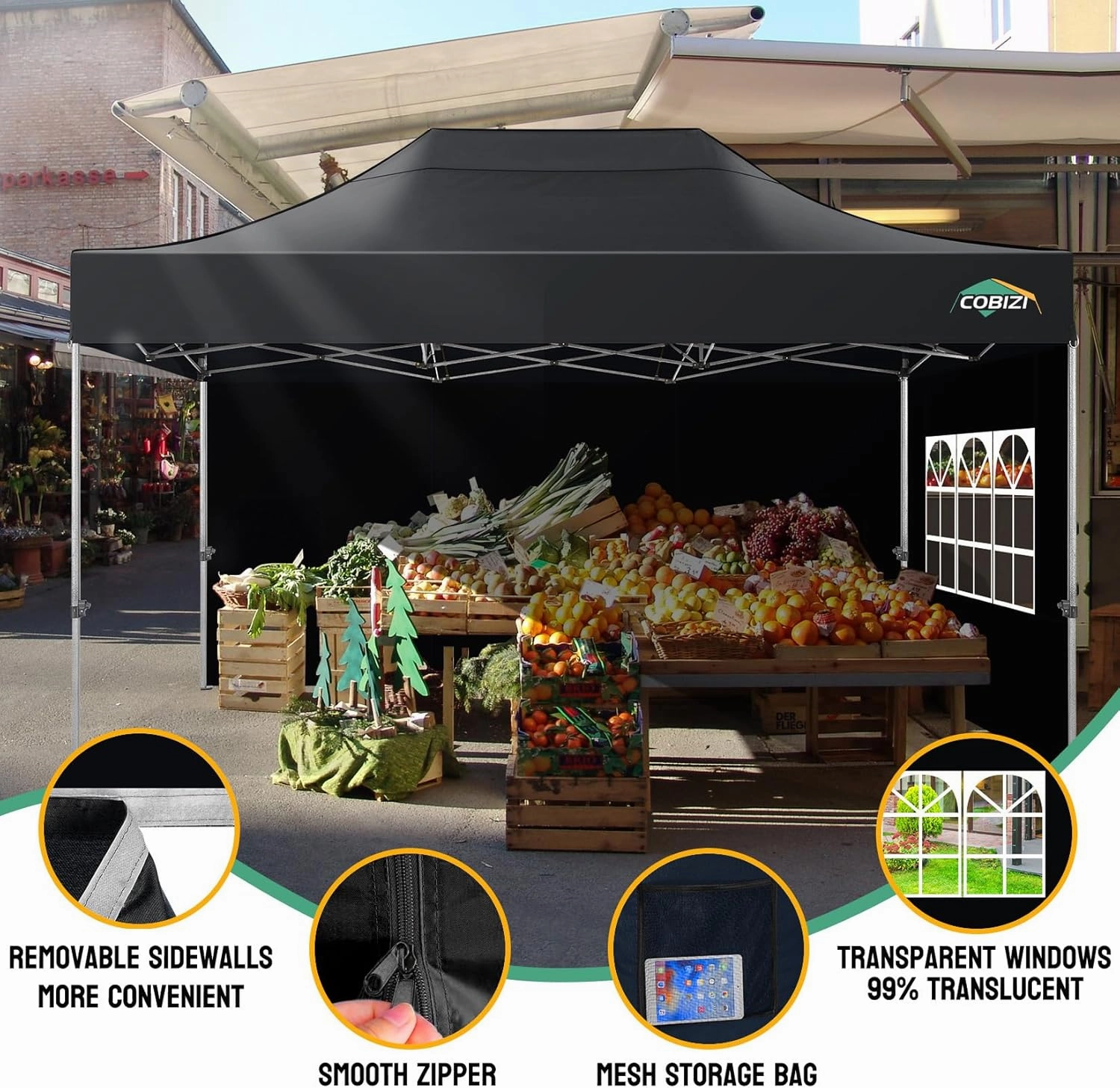 COBIZI Pop up Canopy Tent 10x15 Heavy Duty Gazebo with 4 Sidewalls, UPF 50  All Weather Waterproof Commercial Outdoor Wedding Party Tents Canopy with Handbag, Black