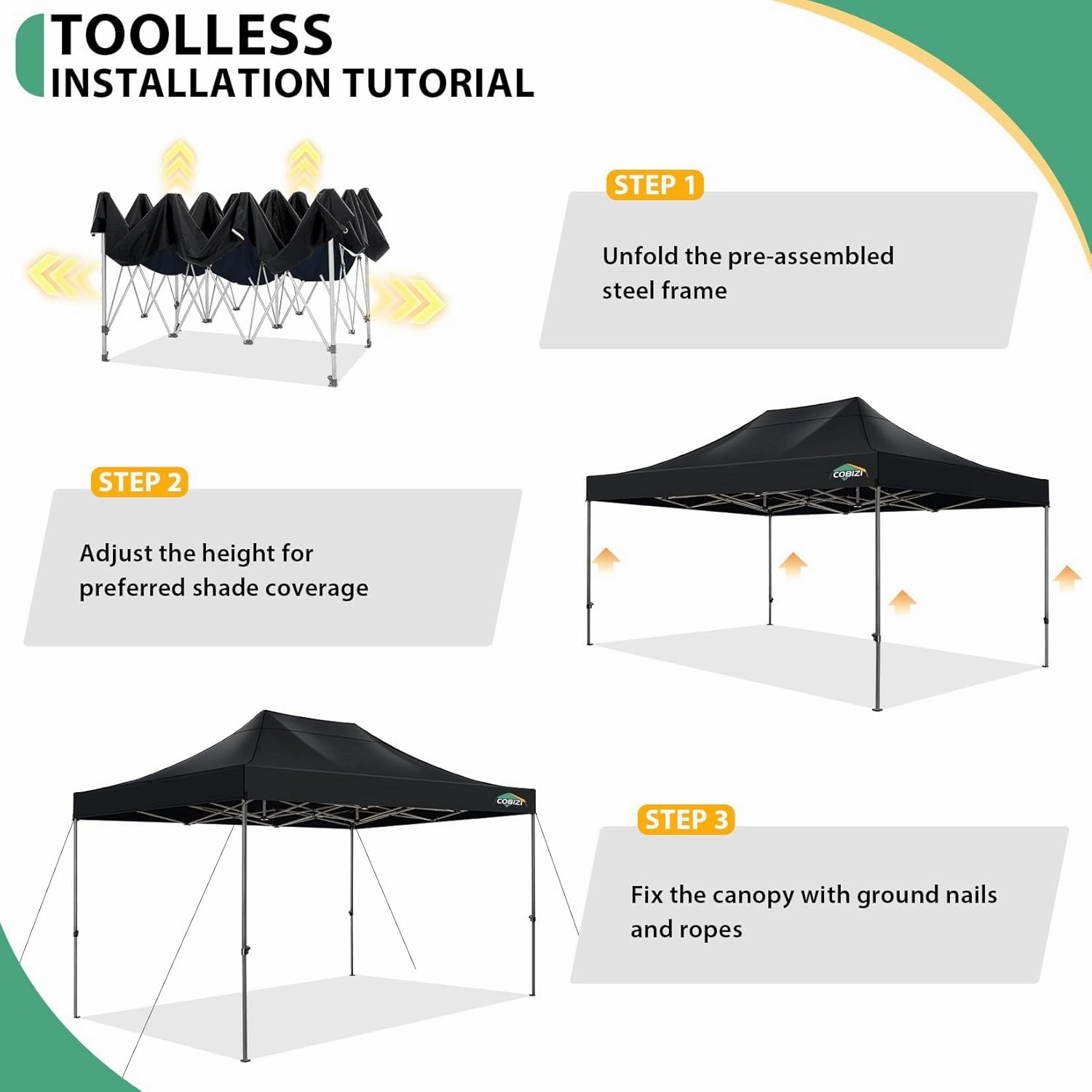 COBIZI Pop up Canopy Tent 10x15 Heavy Duty Gazebo with 4 Sidewalls, UPF 50  All Weather Waterproof Commercial Outdoor Wedding Party Tents Canopy with Handbag, Black