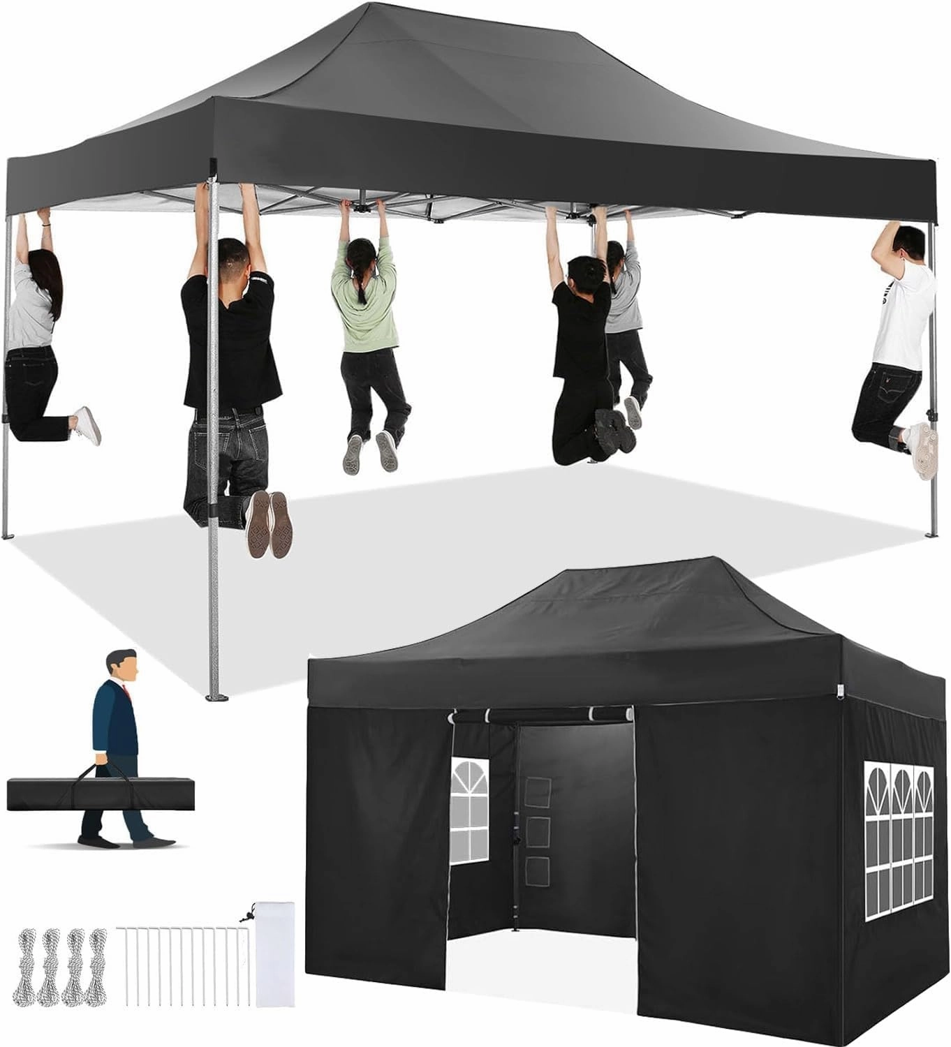 COBIZI Pop up Canopy Tent 10x15 Heavy Duty Gazebo with 4 Sidewalls, UPF 50  All Weather Waterproof Commercial Outdoor Wedding Party Tents Canopy with Handbag, Black