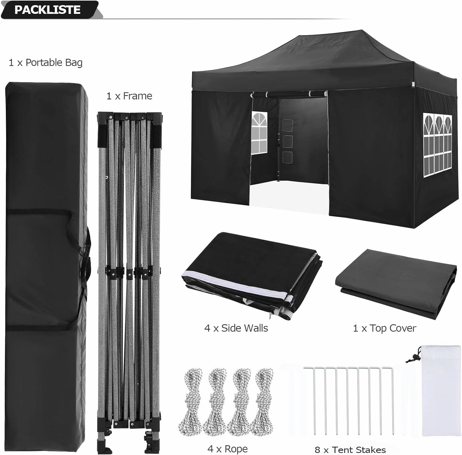 COBIZI Pop up Canopy Tent 10x15 Heavy Duty Gazebo with 4 Sidewalls, UPF 50  All Weather Waterproof Commercial Outdoor Wedding Party Tents Canopy with Handbag, Black