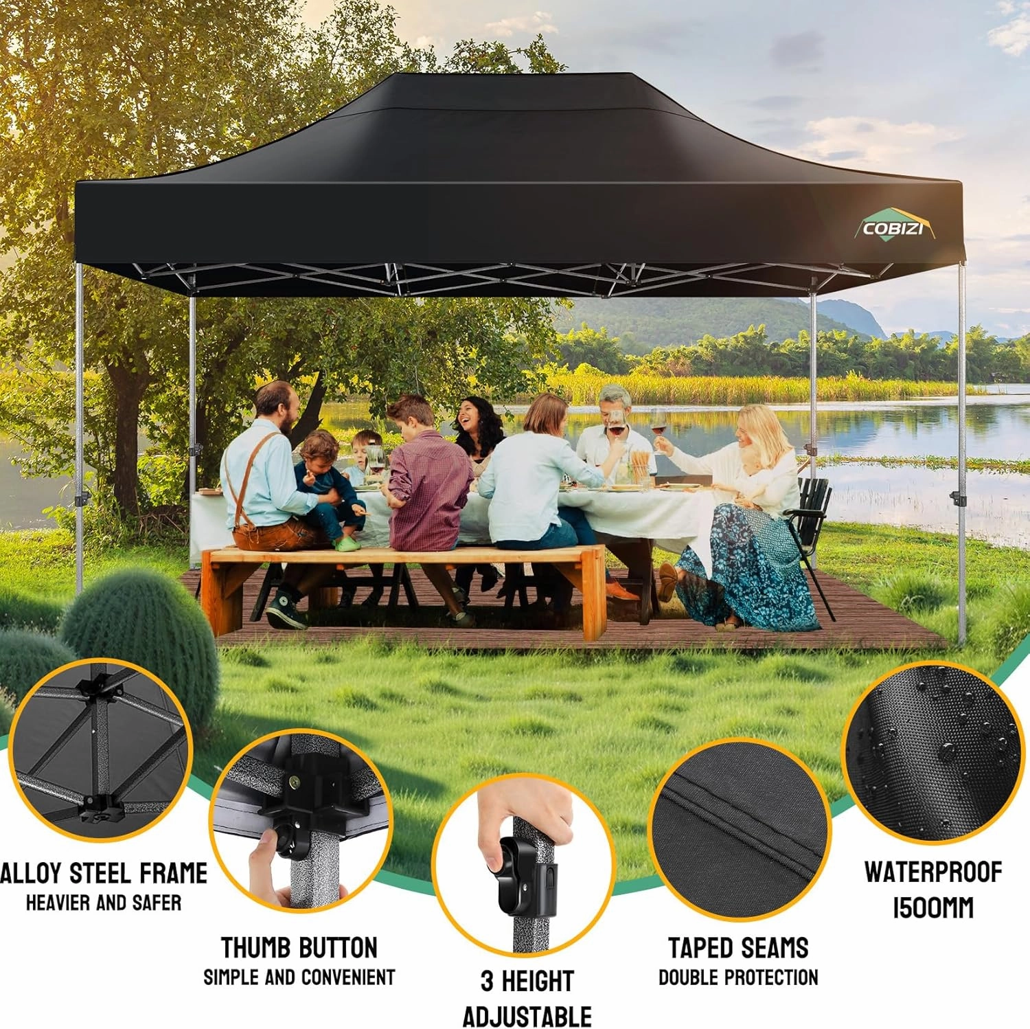 COBIZI Pop up Canopy Tent 10x15 Heavy Duty Gazebo with 4 Sidewalls, UPF 50  All Weather Waterproof Commercial Outdoor Wedding Party Tents Canopy with Handbag, Black