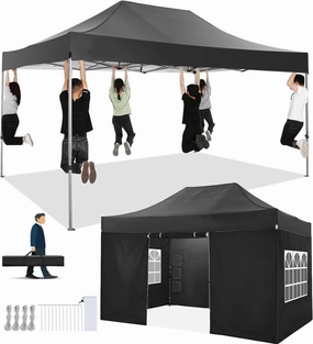 COBIZI Pop up Canopy Tent 10x15 Heavy Duty Gazebo with 4 Sidewalls, UPF 50  All Weather Waterproof Commercial Outdoor Wedding Party Tents Canopy with Handbag, Black