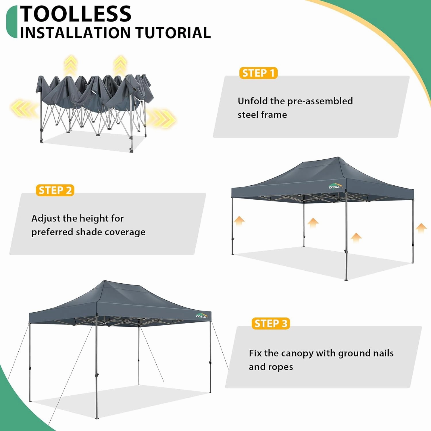 COBIZI Pop up Canopy Tent 10x15 Heavy Duty Gazebo with 4 Sidewalls, UPF 50  All Weather Waterproof Commercial Outdoor Wedding Party Tents Canopy with Handbag, Gray