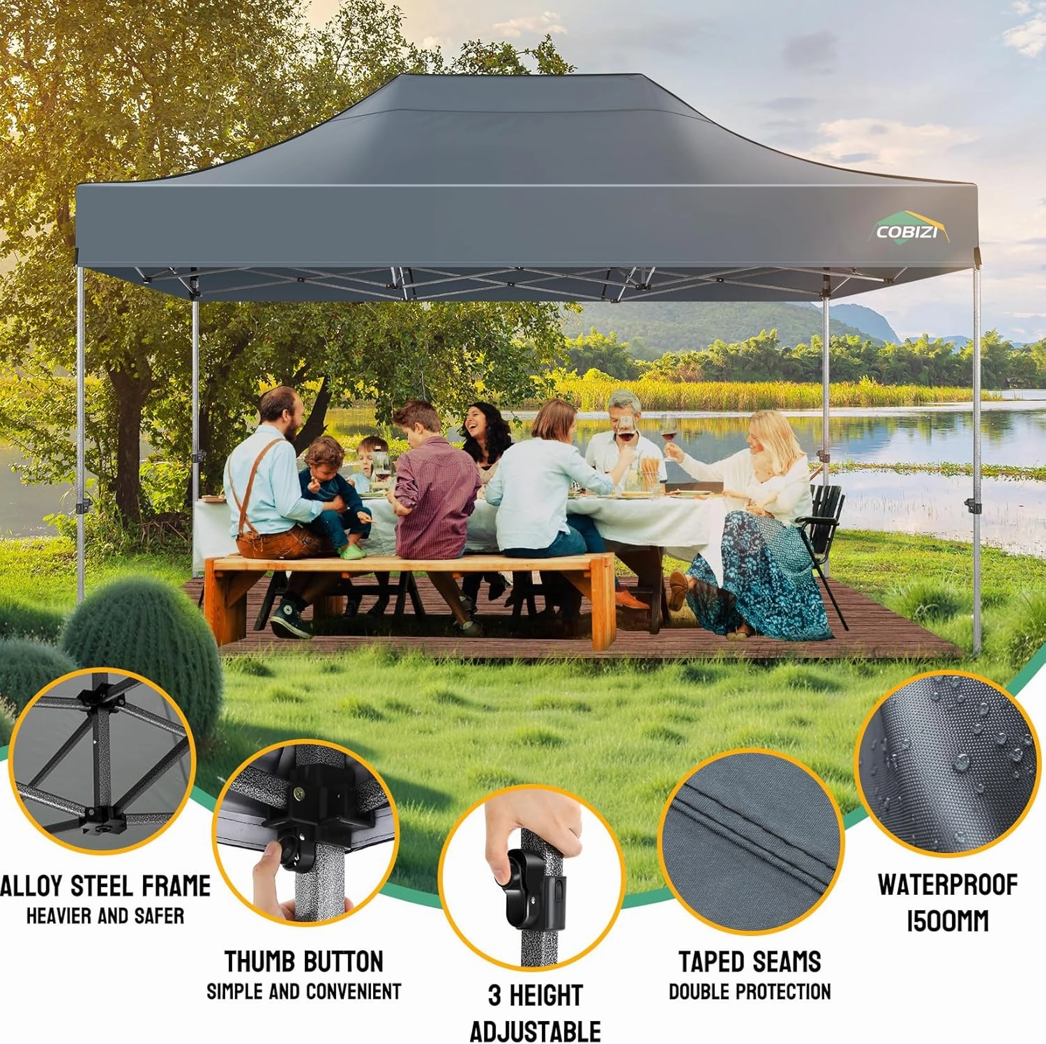 COBIZI Pop up Canopy Tent 10x15 Heavy Duty Gazebo with 4 Sidewalls, UPF 50  All Weather Waterproof Commercial Outdoor Wedding Party Tents Canopy with Handbag, Gray