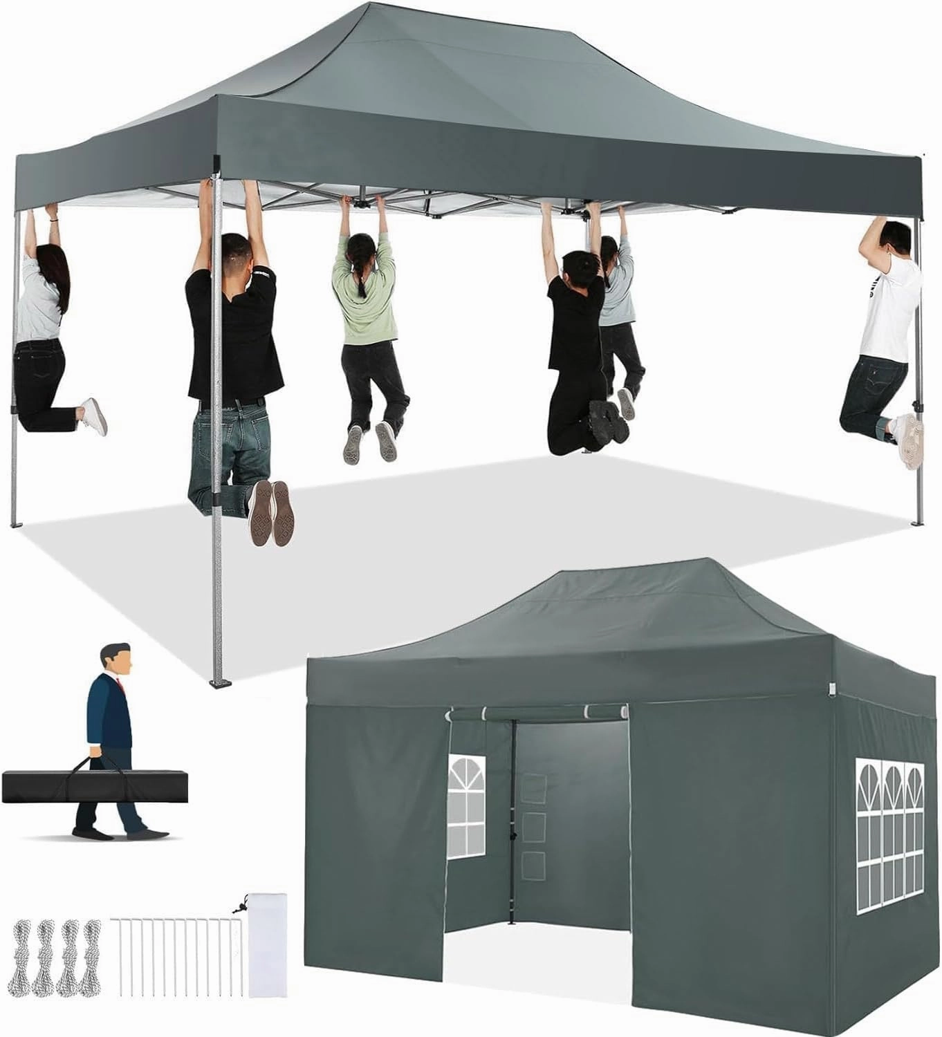 COBIZI Pop up Canopy Tent 10x15 Heavy Duty Gazebo with 4 Sidewalls, UPF 50  All Weather Waterproof Commercial Outdoor Wedding Party Tents Canopy with Handbag, Gray