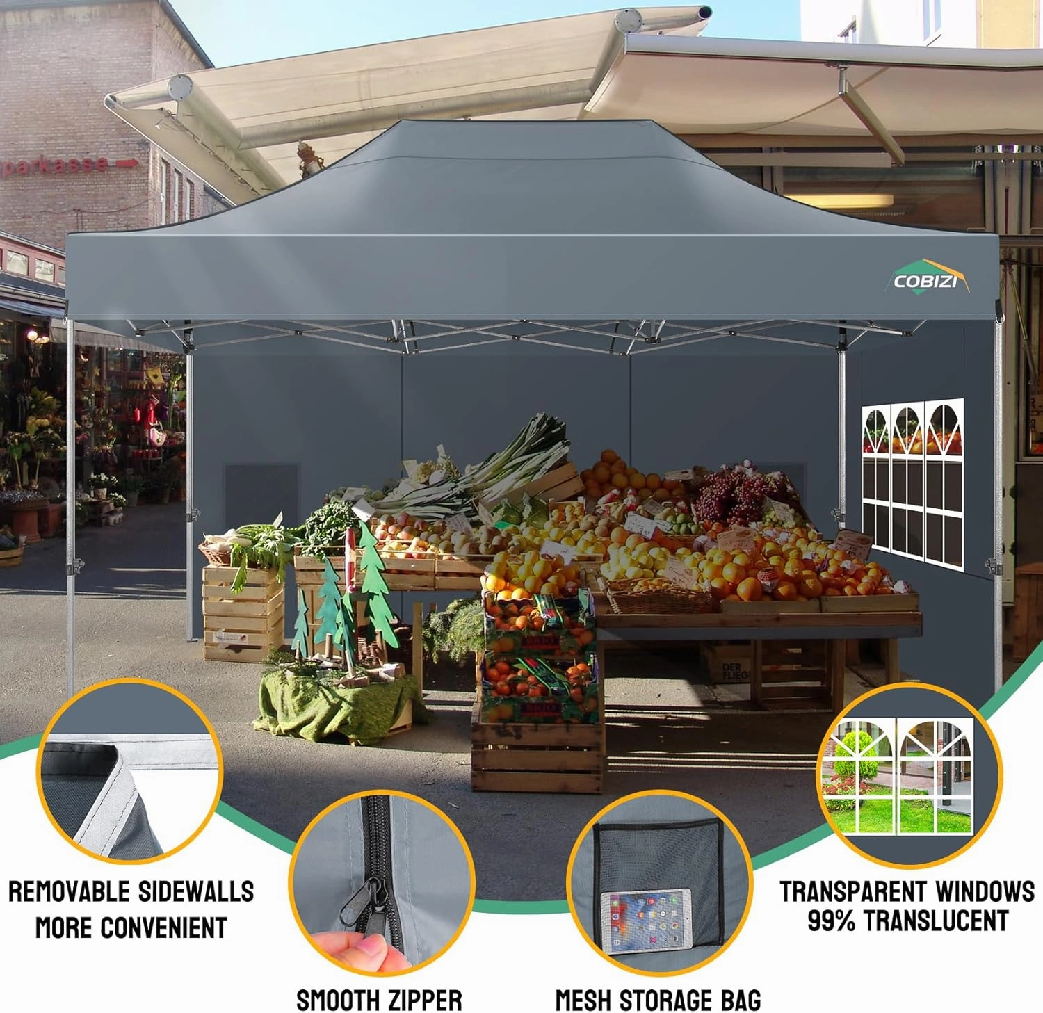 COBIZI Pop up Canopy Tent 10x15 Heavy Duty Gazebo with 4 Sidewalls, UPF 50  All Weather Waterproof Commercial Outdoor Wedding Party Tents Canopy with Handbag, Gray