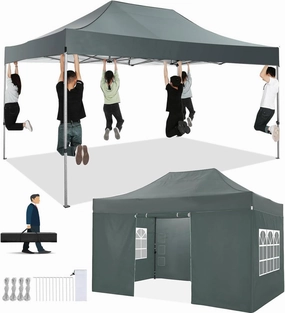 COBIZI Pop up Canopy Tent 10x15 Heavy Duty Gazebo with 4 Sidewalls, UPF 50  All Weather Waterproof Commercial Outdoor Wedding Party Tents Canopy with Handbag, Gray