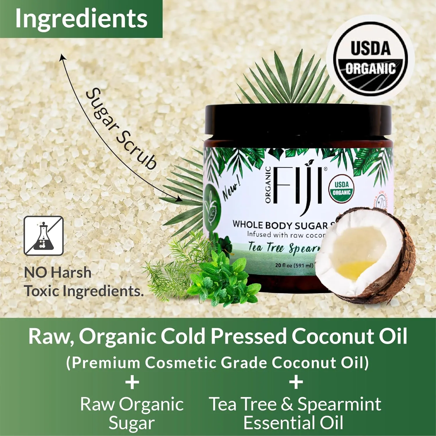 Coconut Oil Infused Sugar Scrub for Face & Body 20-Ounces (20 Ounce (Pack of 1), Tea Tree Spearmint)