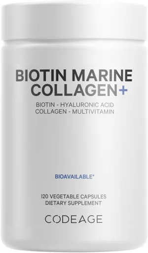 Codeage Biotin Marine Collagen Peptides - Wild-Caught Marine Collagen Types I & III, 10,000 mcg Biotin, Vitamins C & E, Hyaluronic Acid, Amino Acids, Fruit and Herb Blend, Non-GMO - 120 Capsules