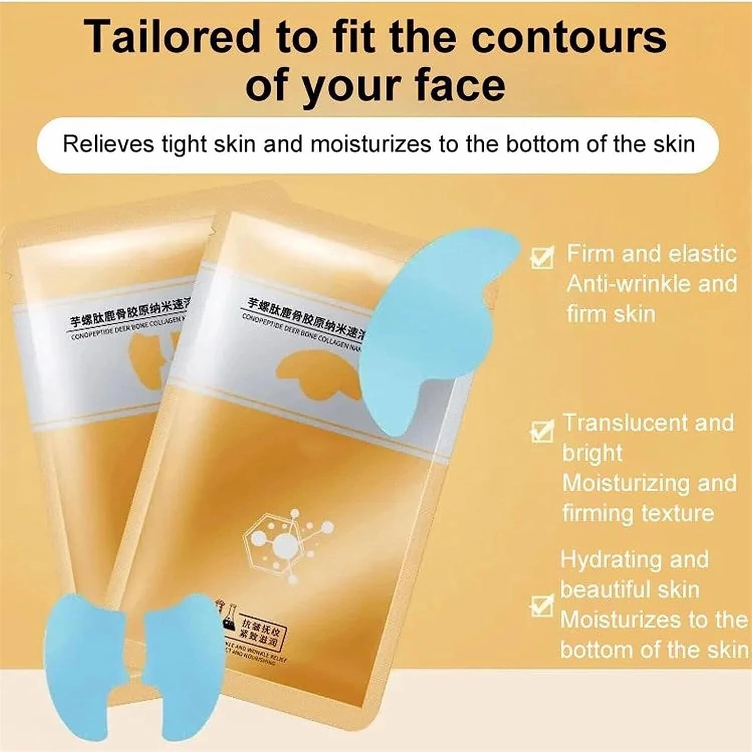 Collagen Dissolving Face Mask Sheets, Spiropeptide Deer Collagen Essence Set, Collagen Forehead and Cheek Mask, Effectively Addresses Fine Lines, Wrinkles (2set)