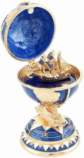 Collectible Globe with Ship Imperial Faberge Egg Jewelry Box Blue Gold Easter Egg Made in Russia Trinket Box Hinged with Rich Enamel Jewelry Boxes Russian Gift for Home Decor
