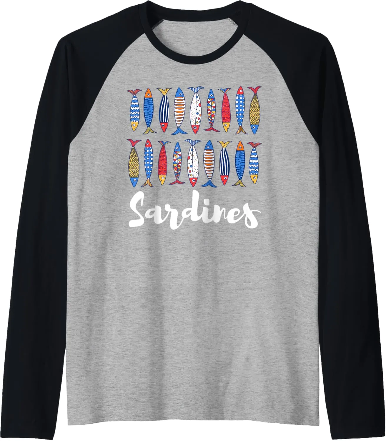 Colorful Sardines Fish Row Whimsical Folk Art Graphic Raglan Baseball Tee