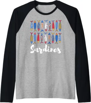 Colorful Sardines Fish Row Whimsical Folk Art Graphic Raglan Baseball Tee
