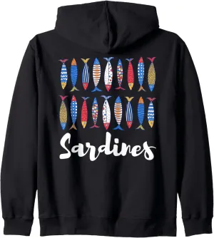Colorful Sardines Fish Row Whimsical Folk Art Graphic Zip Hoodie