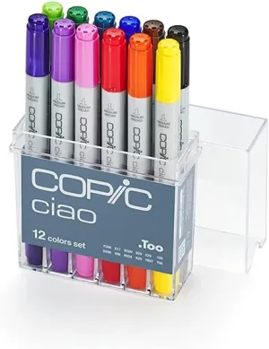 Copic Ciao, Alcohol Markers, 12 Colors Basic Set, Dual Brush Tip Art Marker for Adults, Permanent Ultra Blendable Markers for Coloring, Sketching, Drawing & Illustration Art