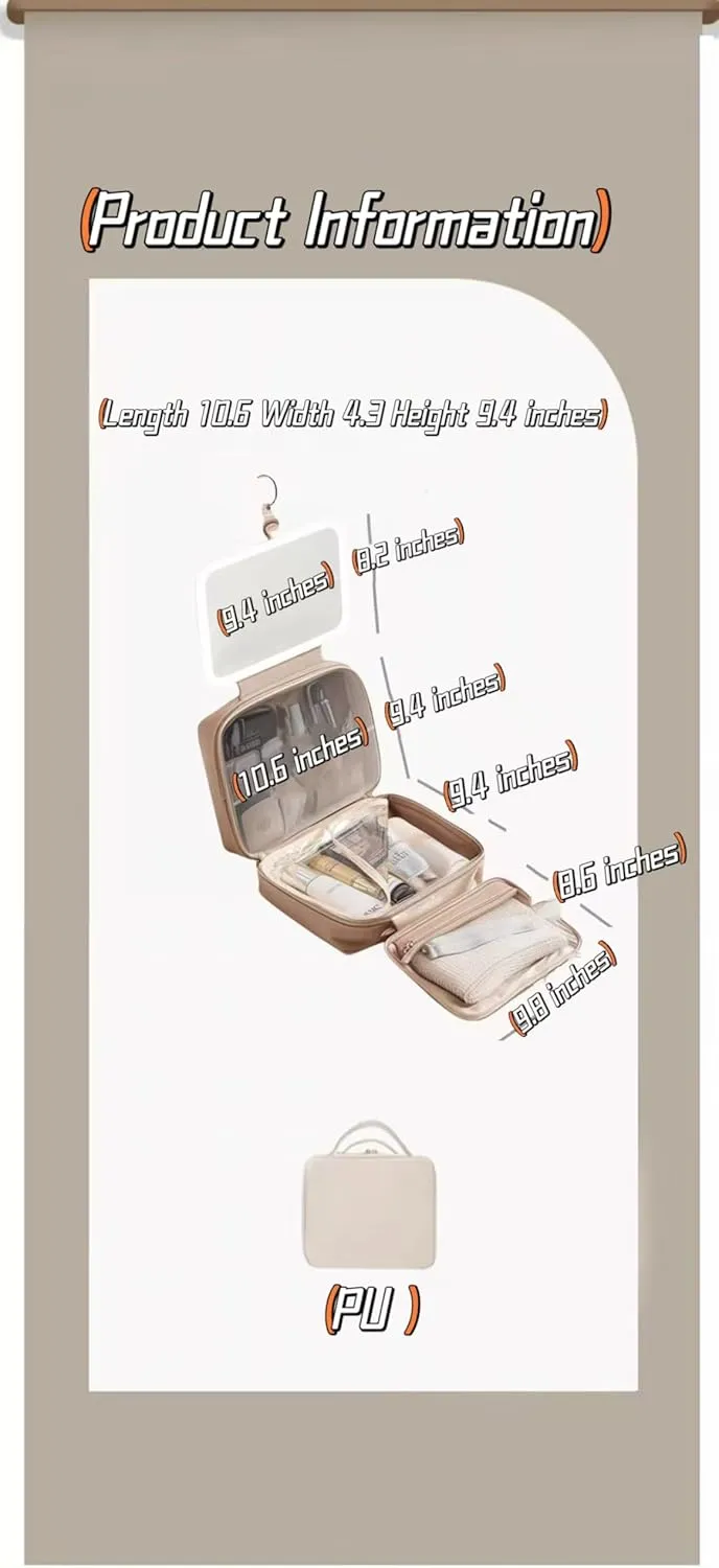 Cosmetic bag Travel cosmetic bag Travel toiletry bag Portable large capacity travel cosmetic bag Cosmetic bag with LED ring light three-speed light source (Peach powder/full screen mirror)