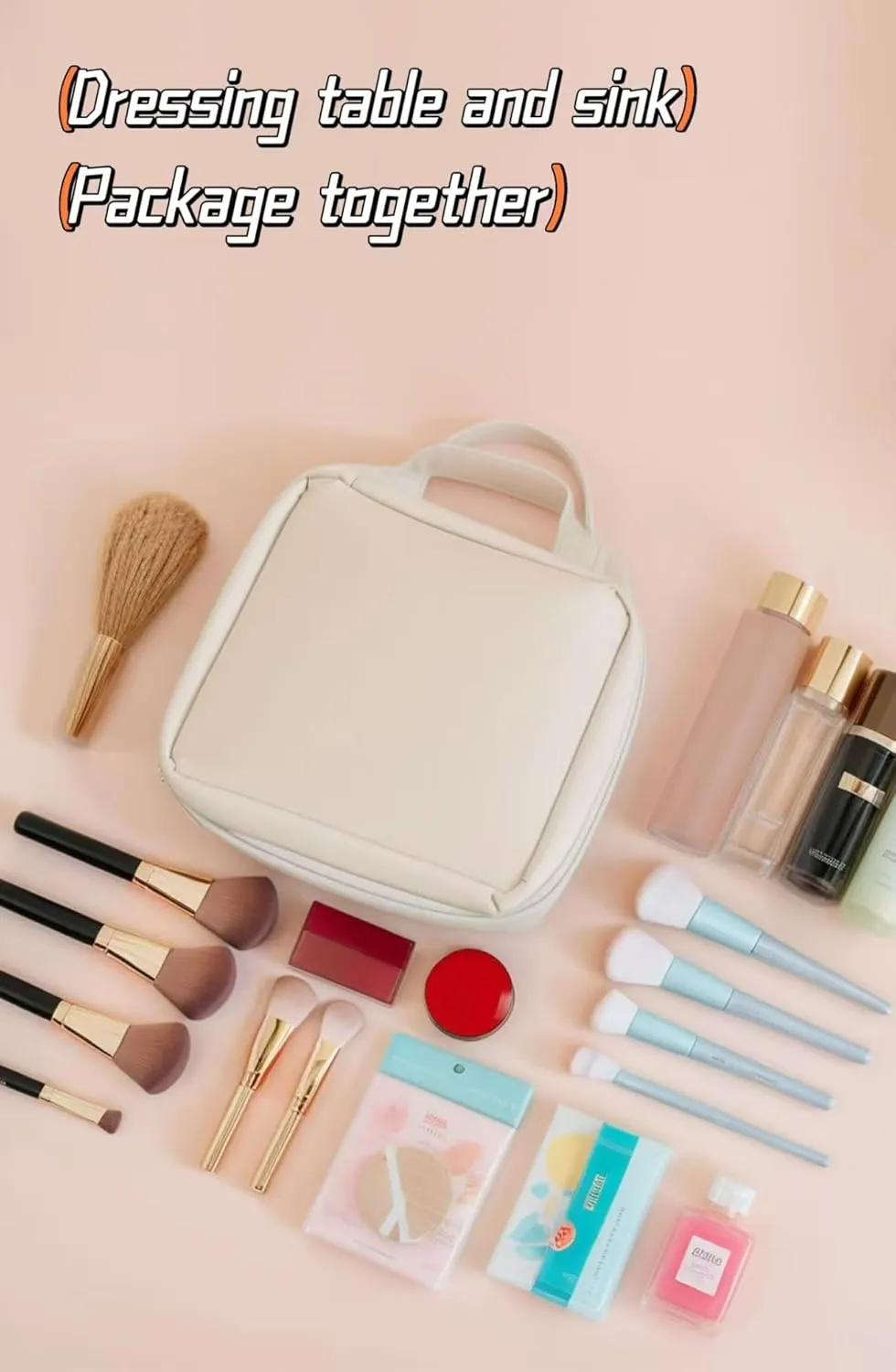 Cosmetic bag Travel cosmetic bag Travel toiletry bag Portable large capacity travel cosmetic bag Cosmetic bag with LED ring light three-speed light source (Peach powder/full screen mirror)