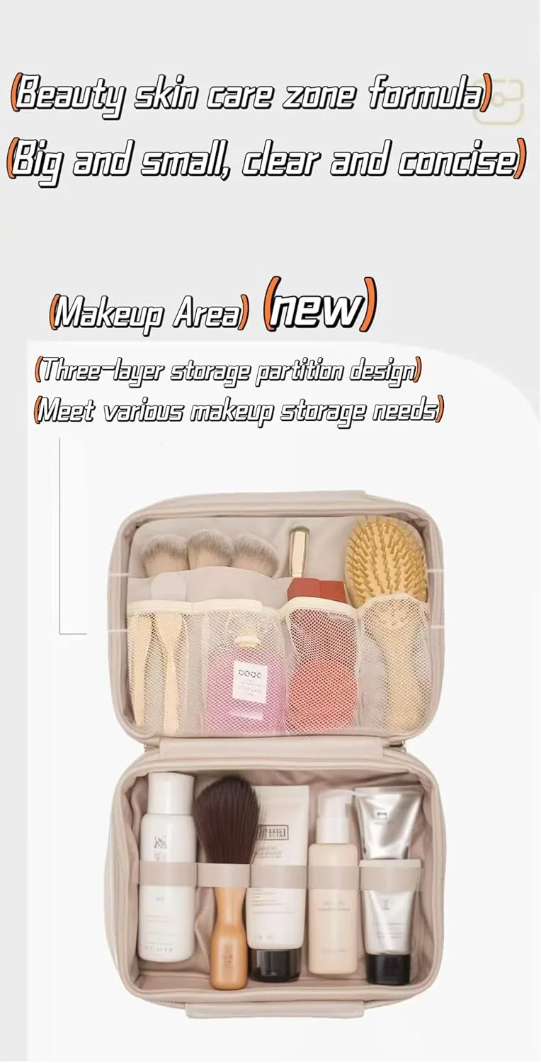 Cosmetic bag Travel cosmetic bag Travel toiletry bag Portable large capacity travel cosmetic bag Cosmetic bag with LED ring light three-speed light source (Peach powder/full screen mirror)